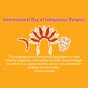 Image commemorating the International Day of Indigenous Peoples with a traditional headdress, boomerang, and mask.
