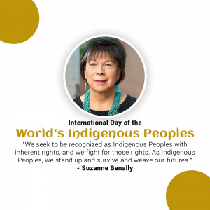 Portrait of Suzanne Benally with text commemorating the International Day of the World's Indigenous Peoples