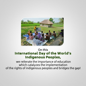 Group of people sitting in a circle outdoors with text overlay celebrating International Day of the World's Indigenous Peoples