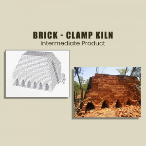 Diagram and photograph of a brick clamp kiln, an intermediate product in brick making.