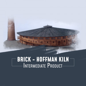 Exterior view of a Hoffman Kiln brick factory with a smokestack and circular structure.