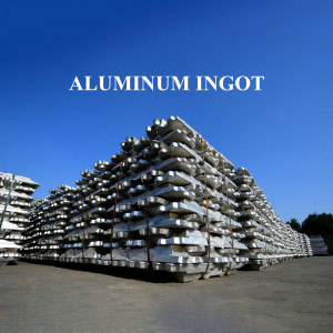A large stack of aluminum ingots under a blue sky.