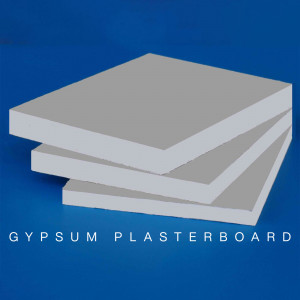 Stack of gypsum plasterboard sheets with 'GYPSUM PLASTERBOARD' text