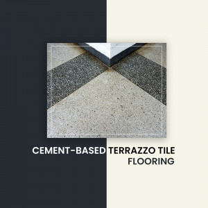 Close-up of cement-based terrazzo tile flooring with a geometric pattern.