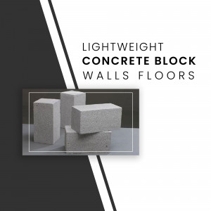 Image of lightweight concrete blocks stacked on a surface with text overlay promoting their use for walls and floors.