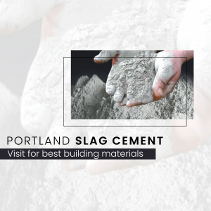 Hands holding Portland Slag Cement with text overlay promoting building materials.