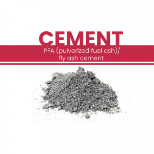 Pile of gray cement with red banner stating 'Cement PFA (pulverized fuel ash)'