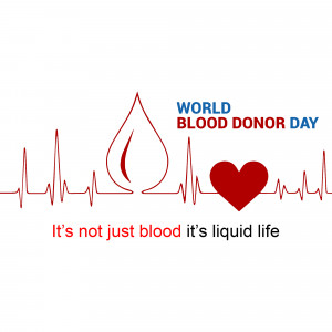World Blood Donor Day graphic with a heartbeat line, blood drop, and heart symbol.