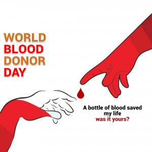 Illustration for World Blood Donor Day featuring hands and a blood drop.