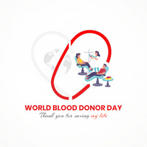 Illustration depicting people donating blood with a heart and globe symbol, promoting World Blood Donor Day.