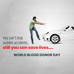 Image depicting a man trying to stop a car with the message promoting blood donation.