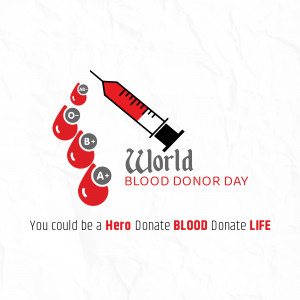 World Blood Donor Day poster with blood drops and a syringe