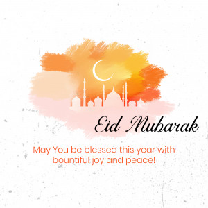 Eid Mubarak greeting card with a watercolor background and mosque silhouette