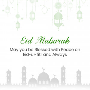 Eid Mubarak greeting with lanterns and mosque silhouette