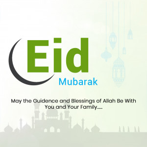 Eid Mubarak greeting with crescent moon and mosque silhouette