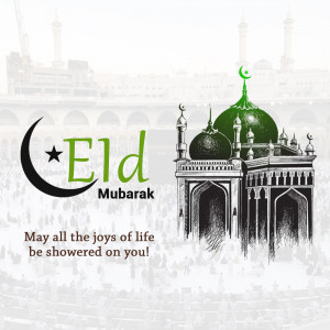 Eid Mubarak greeting card with mosque illustration