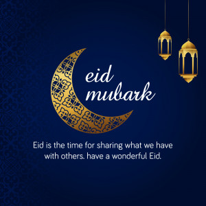 Golden crescent moon and lanterns with Eid Mubarak text
