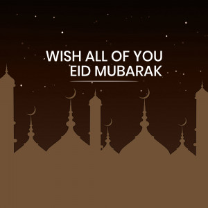 Eid Mubarak greeting with mosque silhouettes and stars