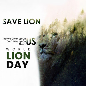 Image promoting World Lion Day with a lion's face filled with a forest landscape.