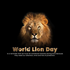 Close-up portrait of a majestic lion with text 'World Lion Day'