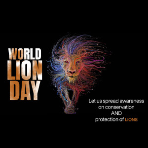 Digital art of a lion's head formed from colorful lines with the text 'World Lion Day'