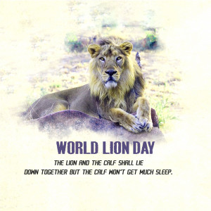 A majestic lion lying down with 'World Lion Day' text overlay