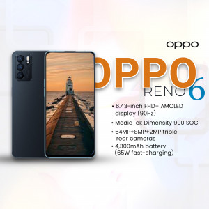 OPPO Reno 6 smartphone with a lighthouse image on the screen