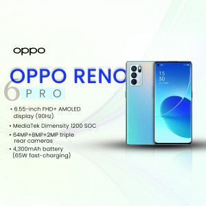 OPPO Reno 6 Pro smartphone with blue gradient back and specifications
