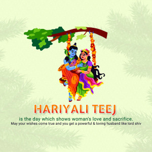 Illustration of Radha and Krishna on a swing for Hariyali Teej
