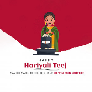 Illustration of a woman in traditional attire with a Shiva Lingam and 'Happy Hariyali Teej' text.
