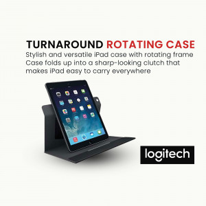 Black rotating iPad case with Logitech logo