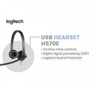 Logitech H570e USB Headset with microphone and features listed