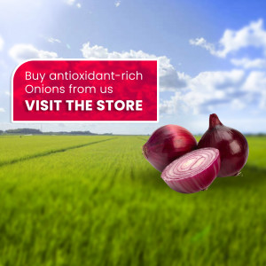 Red onions in a field with a promotional banner