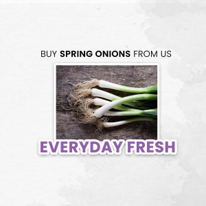 Close-up of a bunch of fresh spring onions with text overlay promoting purchase.