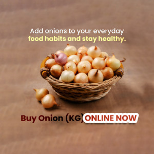 A basket filled with fresh onions with text promoting healthy eating and online purchase.