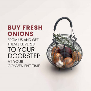 A wire basket filled with red and yellow onions with text promoting onion delivery.