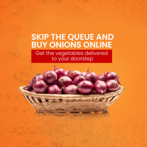 A basket of red onions with text promoting online onion purchases and delivery.
