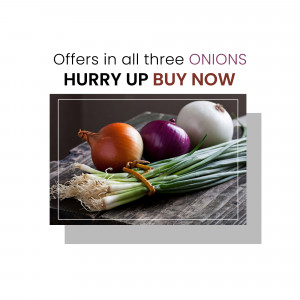 Fresh onions - red, white, and yellow - with green stalks, promoting a sale.