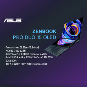 ASUS Zenbook Pro Duo 15 OLED laptop with dual screen display