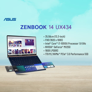 ASUS Zenbook 14 UX434 laptop on a light wooden surface with specifications.