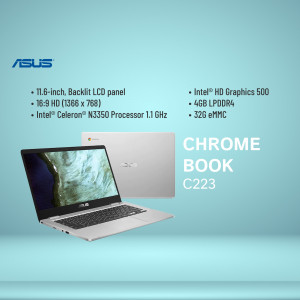 ASUS Chromebook C223 laptop on a light blue background with specifications.