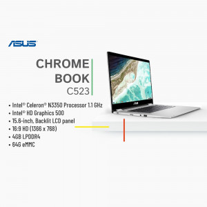 ASUS Chromebook C523 laptop with specifications listed