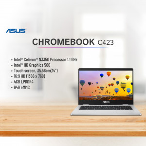ASUS Chromebook C423 laptop displayed on a wooden surface with specifications.