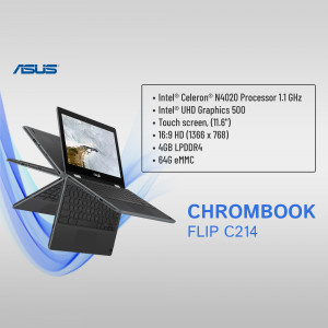 ASUS Chromebook Flip C214 laptop with specifications displayed