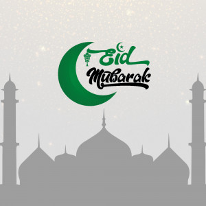 Eid Mubarak greeting with crescent moon and mosque silhouette