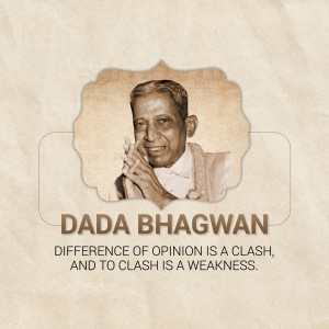 Portrait of Dada Bhagwan with a quote about differing opinions