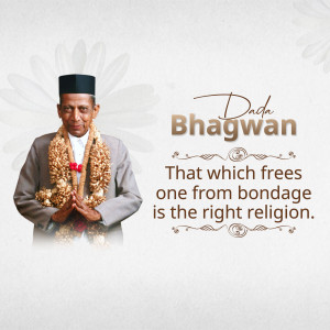 Portrait of Dada Bhagwan, a spiritual leader, with a floral garland and text.