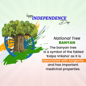 Image depicting Independence Day greetings with a Banyan tree and the Indian flag.