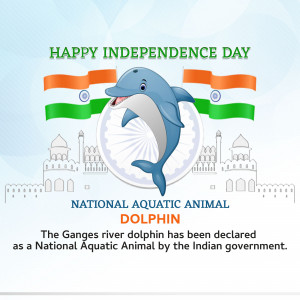 Image depicting a dolphin with the Indian flag and Taj Mahal background, celebrating Independence Day and highlighting the Ganges River Dolphin as the National Aquatic Animal.