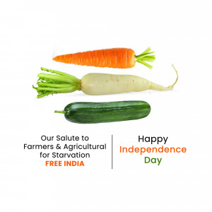Three fresh vegetables - carrot, radish, and zucchini - with Independence Day text